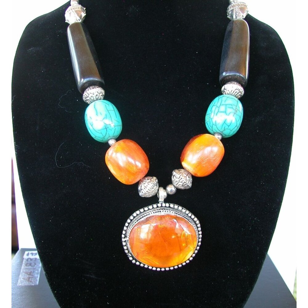 Ethnic Boho Chunky Necklace Faux Amber, Halite Turquoise & Black beads With Silv